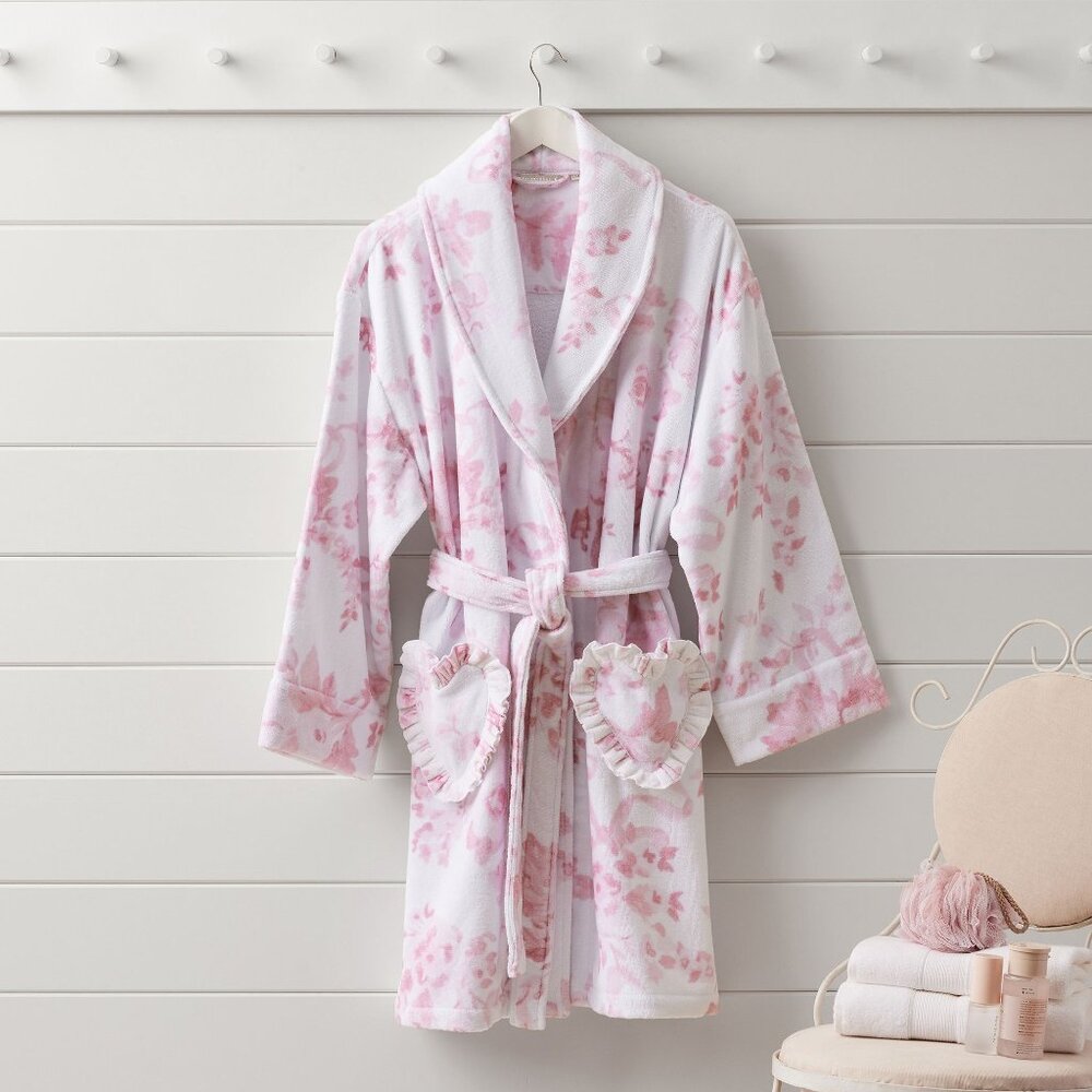 LoveShackFancy Garden Damask Terry Robe White Pink Floral Heart Pockets NEW